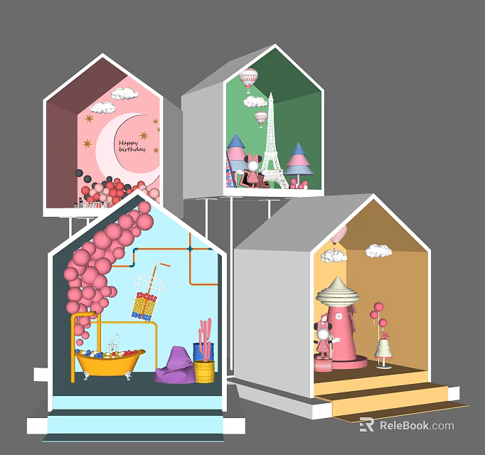 Multiple Creative House Shaped Window Displays With Fantasy Themes And Colorful Decorations 3d model 