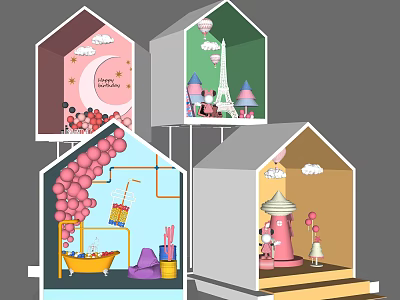 Multiple Creative House Shaped Window Displays With Fantasy Themes And Colorful Decorations 3d model