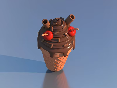 Delicious Waffle Ice Cream Cone Topped With Chocolate Sauce And Cherries 3d model