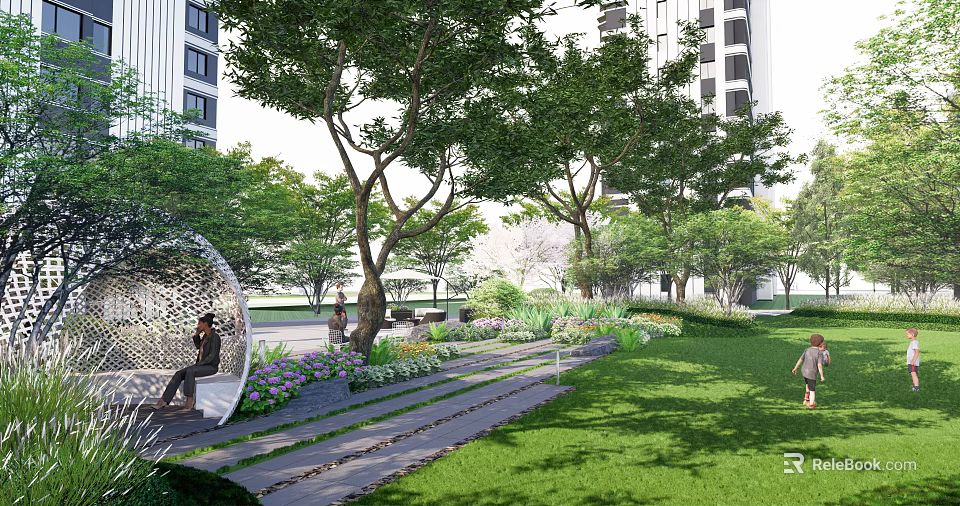 Serene Residential Landscape Featuring Lush Trees Green Lawn Pathway Seating Area And Modern Building Backdrop 3d model 