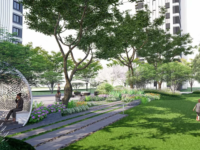 Serene Residential Landscape Featuring Lush Trees Green Lawn Pathway Seating Area And Modern Building Backdrop 3d model