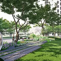 Serene Residential Landscape Featuring Lush Trees Green Lawn Pathway Seating Area And Modern Building Backdrop