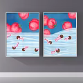 Two Decorative Paintings With Red Round Objects Blue Water Surface Pink Elements And Brown Circles 3d model