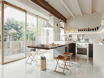 Open Modern Kitchen Interior With Wooden Ceiling Beams Dining Table Stools White Cabinets And Natural View 3d model