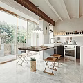 Open Modern Kitchen Interior With Wooden Ceiling Beams Dining Table Stools White Cabinets And Natural View