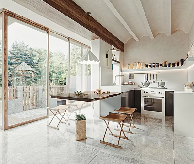 Open Modern Kitchen Interior With Wooden Ceiling Beams Dining Table Stools White Cabinets And Natural View 3d model