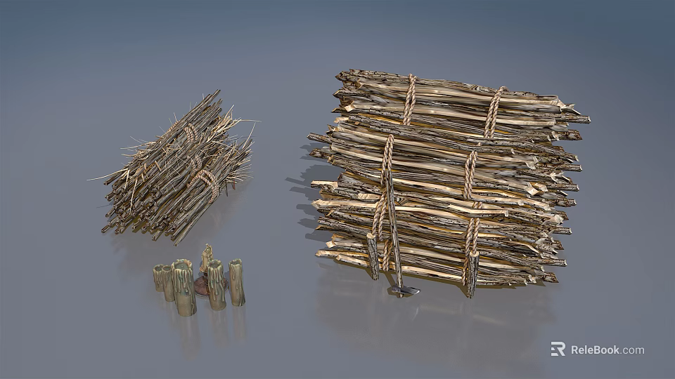 Bundled Wood Sticks with Ropes and Small Stone Pieces Arranged in Stacks 3d model 