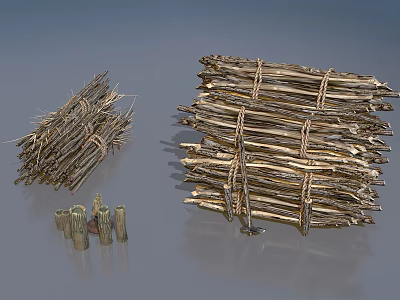 Bundled Wood Sticks with Ropes and Small Stone Pieces Arranged in Stacks 3d model