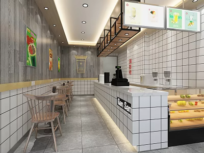Bubble Tea Shop Interior With White Tile Walls Wooden Chairs Fruit Display And Menu Screens 3d model