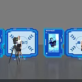 Exhibition Setup With Multiple Blue Display Screens Tripods And Presenters