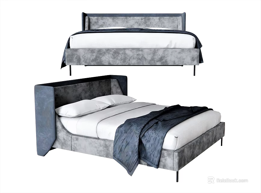 Modern Upholstered Double Bed With Gray Blue Headboard And Soft Blanket 3d model