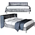 Modern Upholstered Double Bed With Gray Blue Headboard And Soft Blanket 3d model