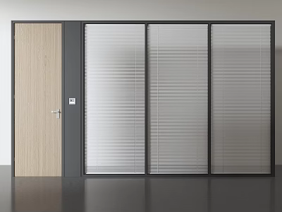 Modern Room Partition Featuring Wooden Door And Blinds With Black Frame 3d model