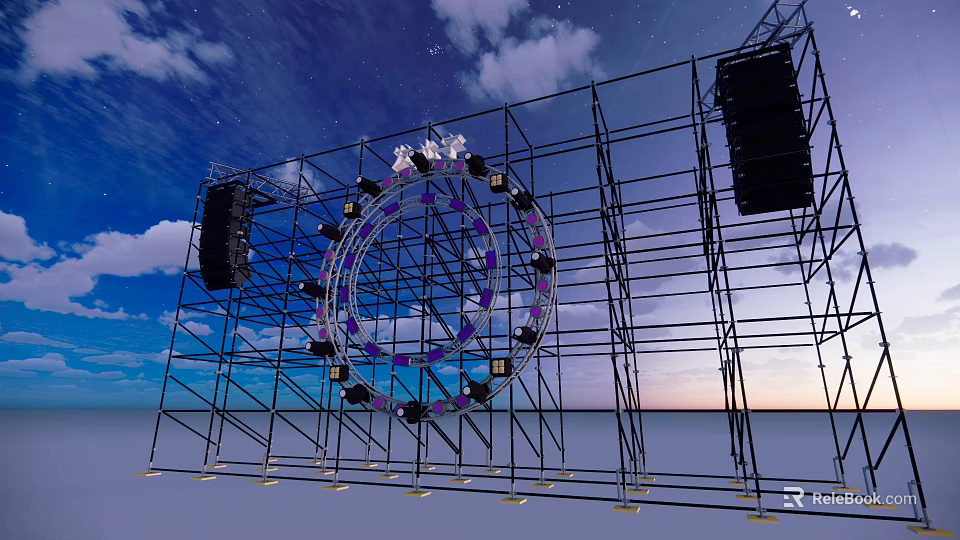 Industrial Equipment Metal Scaffolding Structure With Circular Lighting Device And Audio Speakers 3d model 