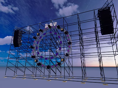 Industrial Equipment Metal Scaffolding Structure With Circular Lighting Device And Audio Speakers 3d model
