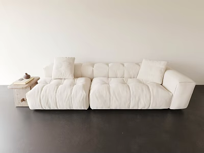 White Plush Three Seater Sofa With Soft Cushions And Side Table In Minimalist Living Room 3d model