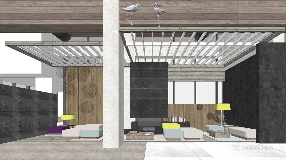 Modern Hotel Lobby Interior With Spacious Layout Wooden Accents Yellow Lamps And Comfortable Sofas 3d model 