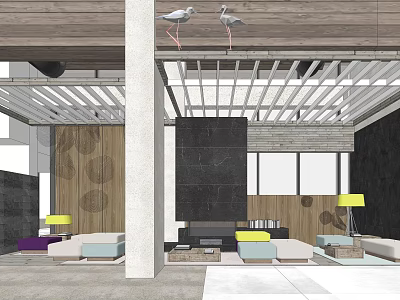 Modern Hotel Lobby Interior With Spacious Layout Wooden Accents Yellow Lamps And Comfortable Sofas 3d model