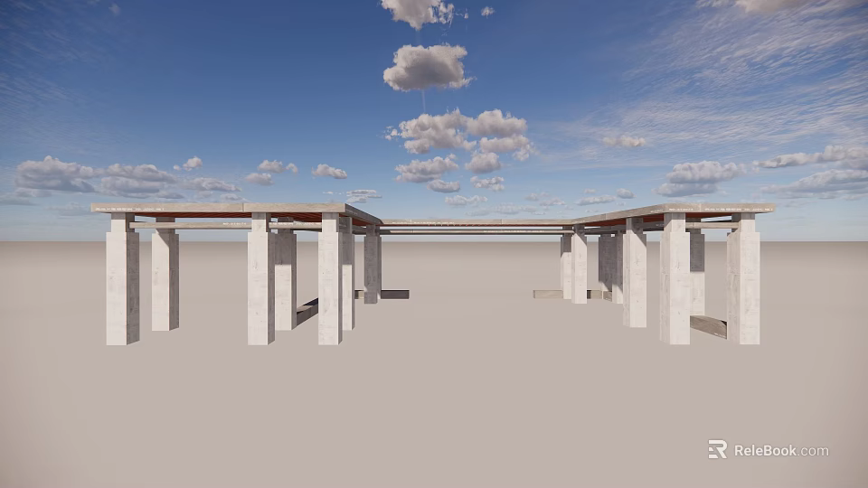 Outdoor Open Pavilion With White Columns Wooden Roof And Cloudy Blue Sky 3d model 