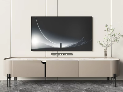 Modern TV Stand With Flat Screen TV Green Plant And Light Color Cabinets 3d model