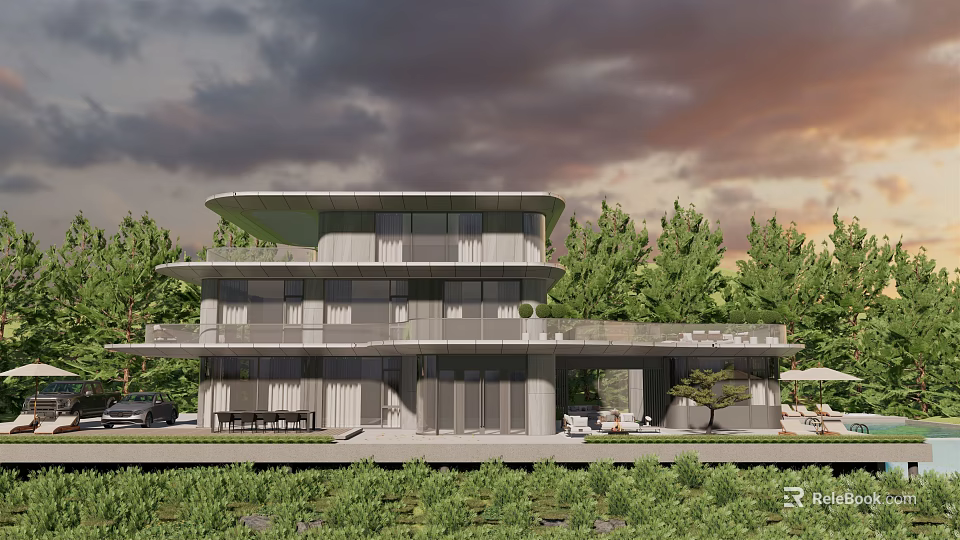 Modern Single Family Villa With Large Windows Terrace And Surrounding Greenery 3d model 