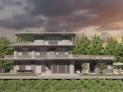 Modern Single Family Villa With Large Windows Terrace And Surrounding Greenery 3d model