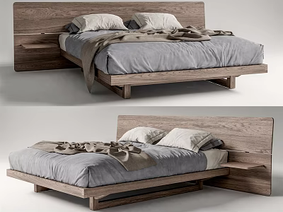Modern Wooden Double Bed with Gray Bedding Pillows Blanket and Integrated Side Shelves 3d model