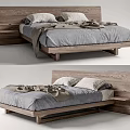 Modern Wooden Double Bed with Gray Bedding Pillows Blanket and Integrated Side Shelves
