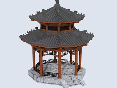 Traditional Chinese Two Story Pavilion Featuring Black Tiled Roof Red Columns And Carved Stone Base 3d model