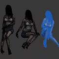 Women In White Tank Tops And Denim Shorts Sitting On Black Background With High Heels