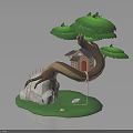 Wooden Treehouse Structure Built On Curved Tree Branch With Ladder And Rock Base
