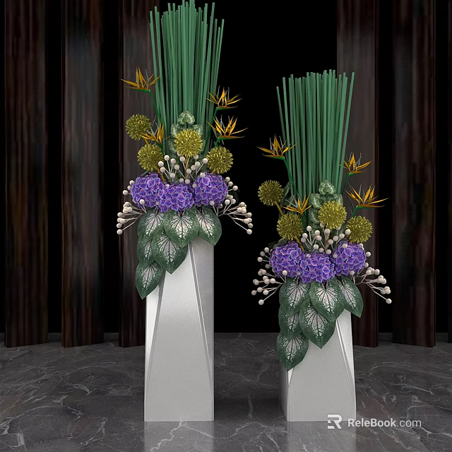 White Vases With Purple Yellow Flowers Green Leaves And Tall Stems Decorative Arrangement 3d model 
