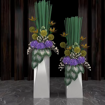White Vases With Purple Yellow Flowers Green Leaves And Tall Stems Decorative Arrangement 3d model