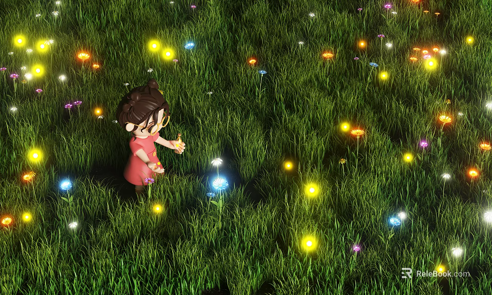Cartoon Scene Of Little Girl Playing In Grass Field With Glowing Fireflies 3d model 