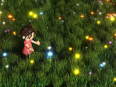 Cartoon Scene Of Little Girl Playing In Grass Field With Glowing Fireflies 3d model