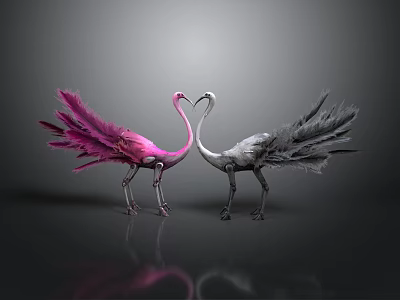 Pink and Gray Flamingo Sculptures With Heart Shaped Necks Feather Details And Reflection 3d model
