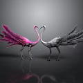 Pink and Gray Flamingo Sculptures With Heart Shaped Necks Feather Details And Reflection