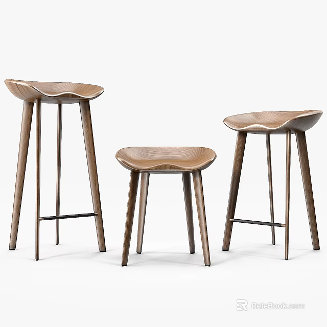 Modern Wooden Bar Stools With Curved Seats Slim Legs And Various Heights 3d model 