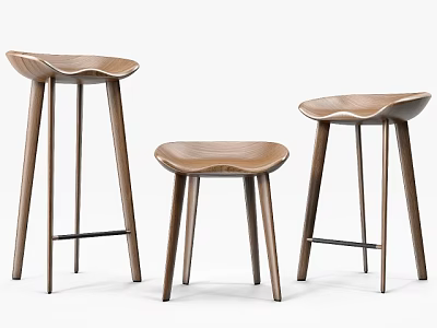 Modern Wooden Bar Stools With Curved Seats Slim Legs And Various Heights 3d model