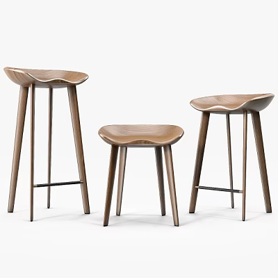 Modern Wooden Bar Stools With Curved Seats Slim Legs And Various Heights 3d model