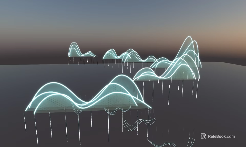 Illuminated Art Installation with Wavy Curved Structures Reflecting on Water Surface 3d model 