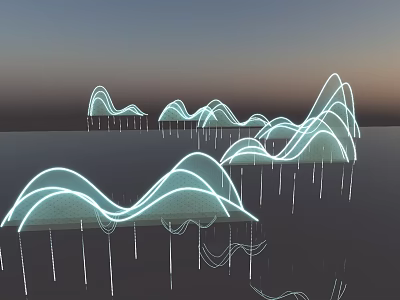 Illuminated Art Installation with Wavy Curved Structures Reflecting on Water Surface 3d model