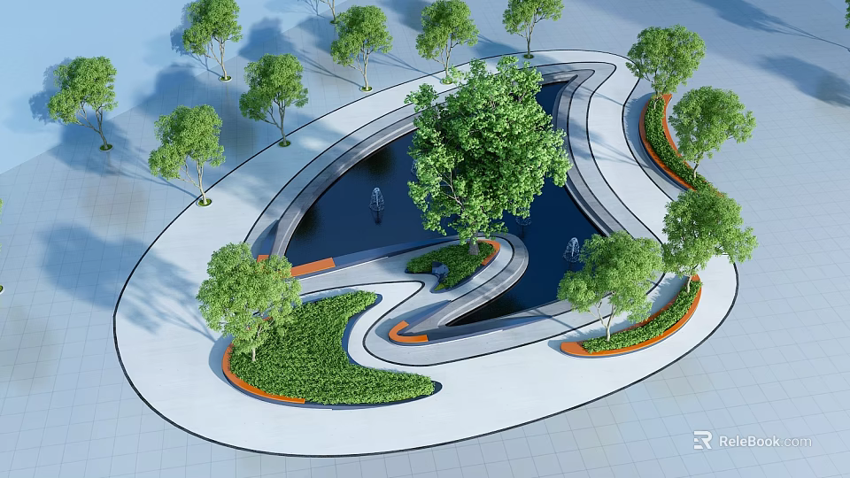 Modern Urban Park Design With Curved Pathways Trees And Water Features 3d model 