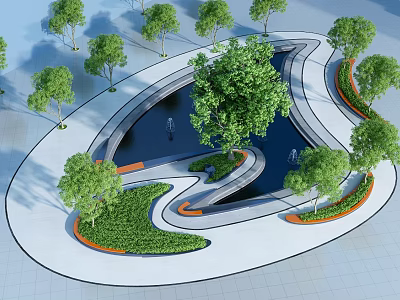 Modern Urban Park Design With Curved Pathways Trees And Water Features 3d model