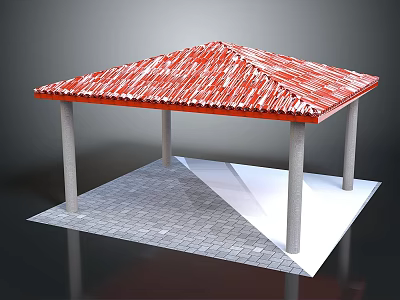 Outdoor Pavilion Featuring Red Tiled Roof Supporting Columns And Gray Brick Floor 3d model