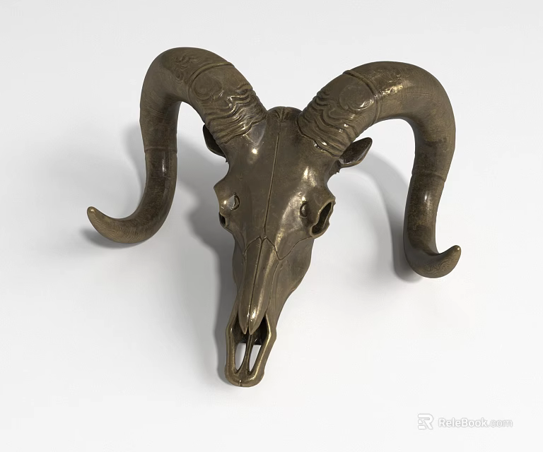 Unique Ram Skull Sculpture With Curved Horns Metal Art Decorative Ornament 3d model 