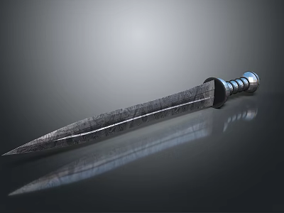 Ancient Textured Sword With Silver Decorated Hilt On Smooth Black Surface Showing Reflection 3d model