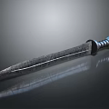 Ancient Textured Sword With Silver Decorated Hilt On Smooth Black Surface Showing Reflection