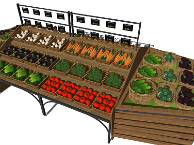 Organized Retail Display Shelves with Fresh Vegetables and Price Tags 3d model