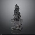 Stone Bust Sculpture With Intricate Headpiece And Textured Base Design